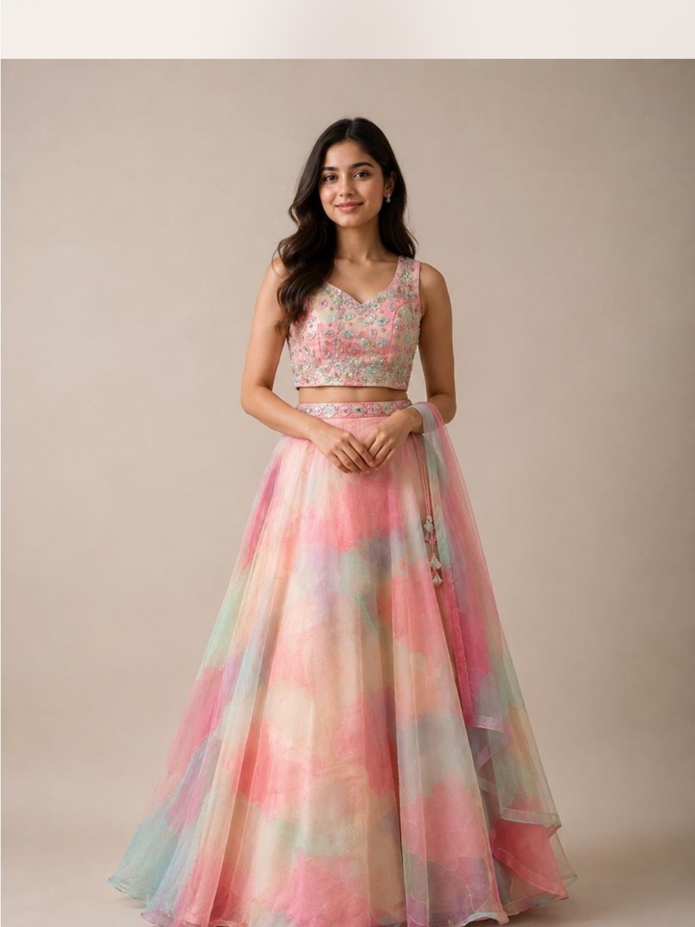 Pastel Multicolor Embroidered Crop Top & Skirt Set with Dupetta Large